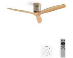 CREATE - Stille plafondventilator 100% hout 40W (Ø132cm) - Geen licht - Controller voor wandmontage + Afstandsbediening - 6 snelheden - Programmeerbaar - WIND CALM NATURAL WOOD