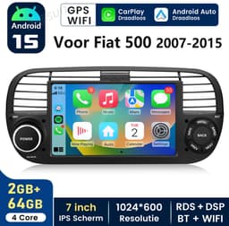 HexinexMarket Quad-Core autoradio Geschikt voor Fiat 500 (2007-2015) - Draadloos CarPlay, Android Auto, multimediaspeler, 2GB+64GB, Black — thumbnail 1