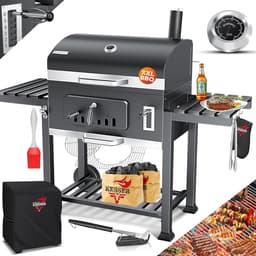 Houtskoolbarbecue XXL Grillwagen met Deksel en Thermometer 153x73x137 cm – Rookoven BBQ met Warmhoudrek, Opbergplanken, Wielen en Grillaccessoires voor Tuin & Buiten Koken – HomebyNicole — thumbnail 2