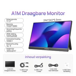 Draagbare Monitor - 17,3 inch – Portable monitor - Full HD 1080P IPS HDR – USB-C & HDMI – Ingebouwde Luidsprekers – Extern Scherm voor Laptop– Lichtgewicht 920g – 3-in-1 Display — thumbnail 3