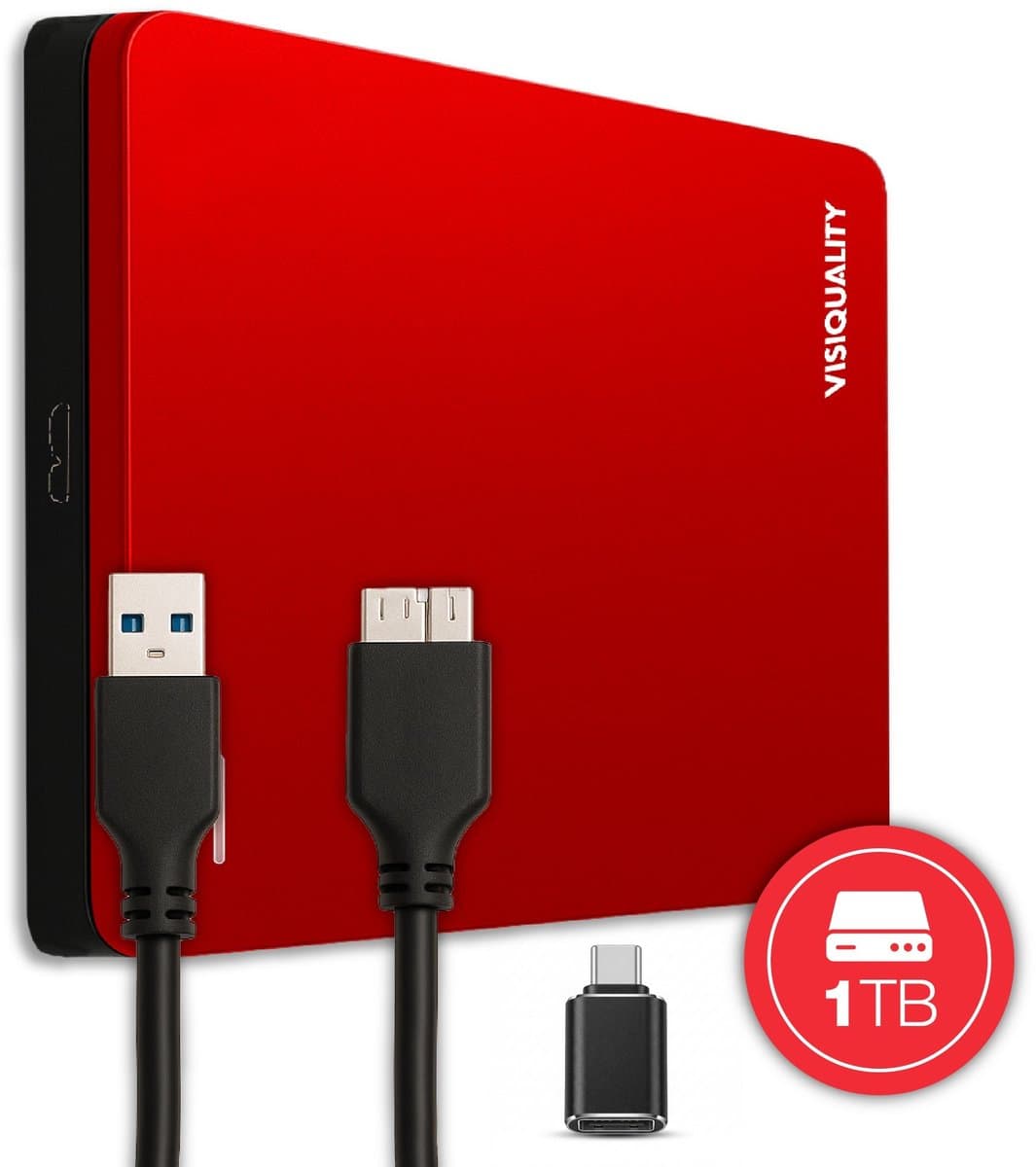 VisiQuality High-Speed Externe Harde Schijf 1 TB - Draagbare Harde Schijf USB 3.0 - Voor Windows & Mac - Geschikt voor Gameconsoles - Compact - Met handleiding - Rood — afbeelding 1