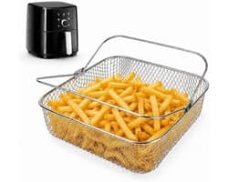 Vierkant airfryermandje met handvat, gemaakt van 304 roestvrij staal, geschikt voor airfryers.