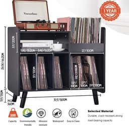 Platenspeler Tafel - Platenspeler Standaard - Vinyl Opbergkast voor 350+ Elpees - Retro Platenkast Mid-Century Modern - Vinyl Storage Meubel met Verstelbare Plank - Audiomeubel & Platenspeler Meubel - Platenhouder - Zwart — thumbnail 4