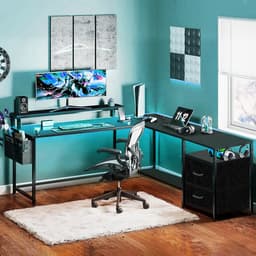 Gaming Bureau met LED Verlichting - 120x120x75cm - L-Vormig Game Bureau met Stopcontact - 2 Non Woven Lade - Gaming Desk - Computer Tafel - Gaming Tafel - Bureau voor Gamen, Studeren en Werken - Zwart — thumbnail 3