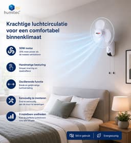 Muurventilator 40cm - 50W - Automatische Oscillatie - 3 Snelheden - Trekkoord - Wit - Hortistar — thumbnail 3