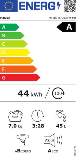 Midea MF100W70BA/W-HR - Wasmachine - Vrijstaand - 1400 rpm - 72 dB - 7 kg nominale capaciteit - Wit - Voorlader - A label - 45 l Waterverbruik (per cyclus, programma eco 40-60) — thumbnail 2