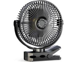Oplaadbare ventilator met klem en 12000 mAh-batterij - 4 snelheden, USB-oplaadfunctie voor kantoor, thuis, kamperen in de buitenlucht Automatische oscillatie, timer, sfeerverlichting met 3 standen