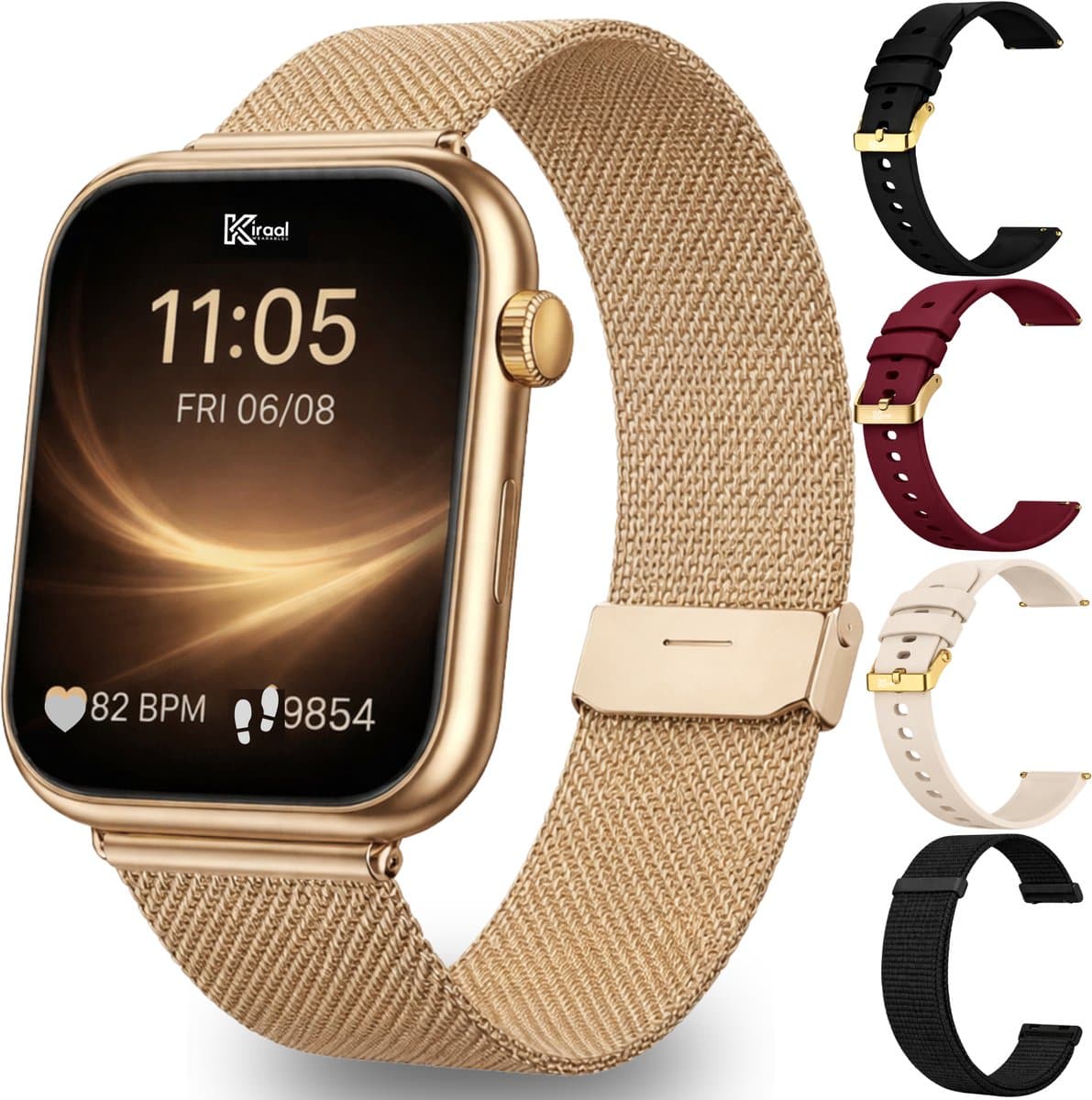 Kiraal Montala Smartwatch - Inclusief 5 Bandjes - Hartslagmeter - Stappenteller - Slaapmonitor - Multisport - Compatibel met Android en iOS - Goud — afbeelding 1