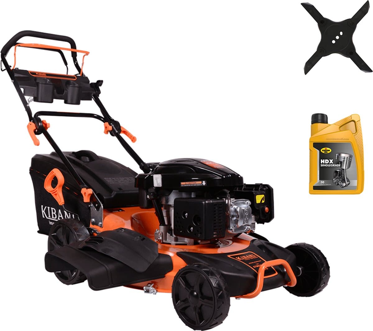Kibani Benzine Grasmaaier - 196 cc / 4.7 pk 4-takt Motor – Extra Cross Blade & 4T Olie Bonus – Maaibreedte 53 cm – 8 Instelbare Maaihoogtes – Incl. 62L Opvangbak – Mulchfunctie — afbeelding 1