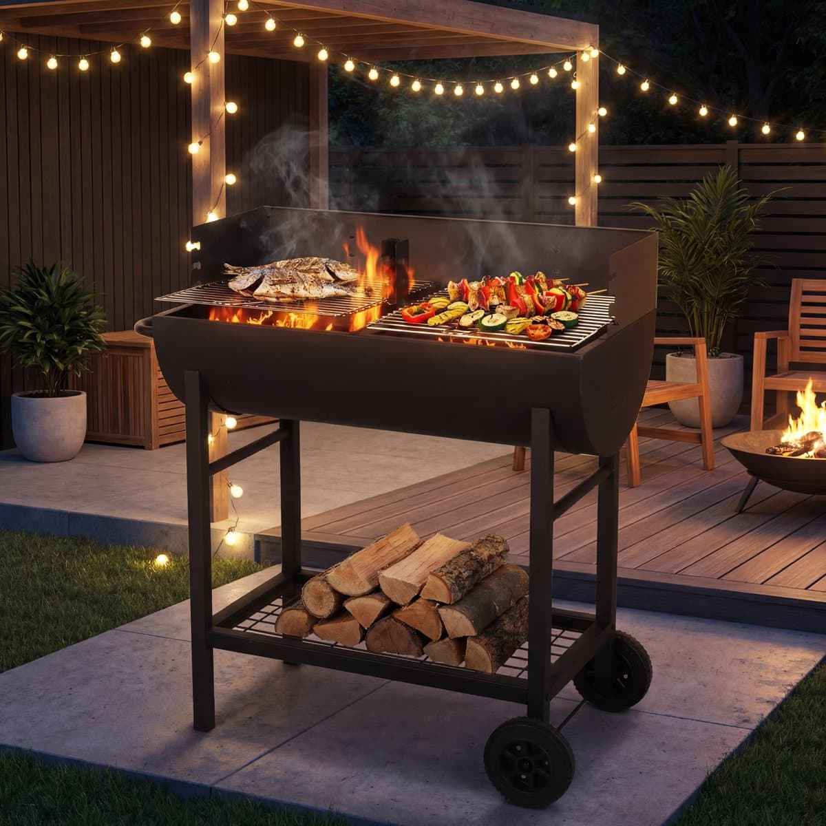 Houtskoolbarbecue ELITE met wielen en zijtafel – Dubbel grillrooster – Zwart staal – 89x47xH89 cm – 6-8 personen — afbeelding 1