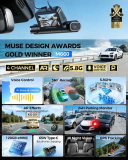 AZDOME M660 2.5K 4CH 360° Dash Cam, Ingebouwde 128GB eMMC, 4 Camera's (voor + achter + links + rechts), GPS, 5G WiFi, 3" Touchscreen, G-Sensor & IR Nachtzicht - Professionele Auto Beveiliging - Haarscherpe Nachtzicht - Dashcam Auto 2026 Model — thumbnail 4