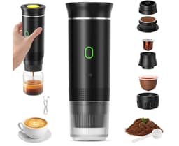 Draagbare reiskoffiemachine, 3-in-1 draagbare koffiezetapparaat met snelle verwarming 12V, zelfverwarmend in 4 tot 6 minuten, geschikt voor grote koffiecapsules en gemalen koffie. Ideaal voor kamperen, kantoor, thuis en auto (zwart). — thumbnail 1
