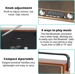 Retro radio met Bluetooth, nostalgische kofferradio, klein, met AM/FM/SW3, USB/TF/AUX, oplaadbaar, keukenradio, vintage radio voor keuken, kantoor, outdoor — thumbnail 4