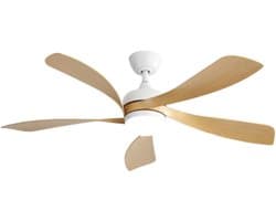 Plafondventilator Met Lamp - Stille ventilator - 5 ABS Bladen - Ø 52 inch - Dimbare lamp met 3 lichtstanden - 6 standen voor de windkracht - Met Afstandsbediening - LED's Light - Wit, natuurlijke houtkleur