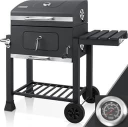 Sello! houtskool barbecue XXL – grill – ingebouwde thermometer – opbergplanken – aslade – stevige wielen – staal – zwart — thumbnail 1