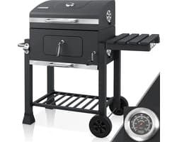 Sello! houtskool barbecue XXL – grill – ingebouwde thermometer – opbergplanken – aslade – stevige wielen – staal – zwart