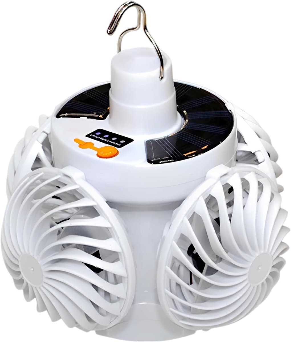 Plafondventilator – Op zonne-energie werkende ventilator met verlichting – Tentventilator met 4 bladen – Met LED-verlichting – Oplaadbaar via USB – Inclusief afstandsbediening – Ideaal voor kamperen, wandelen en verkoeling buitenshuis — afbeelding 1