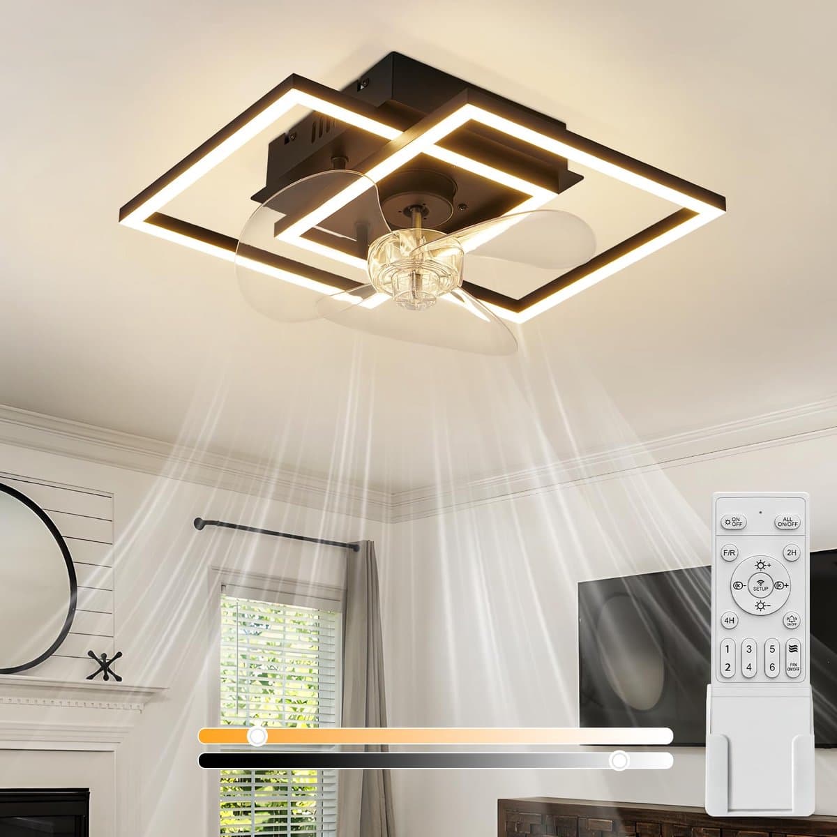 Glitzerlife - Plafond ventilator met verlichting - Stille plafondventilator - Dimbaar 3000-6500K - Nachtlichtmodus - Timerfunctie - Modern Metaal PC Ø34cm - Zwart — afbeelding 1