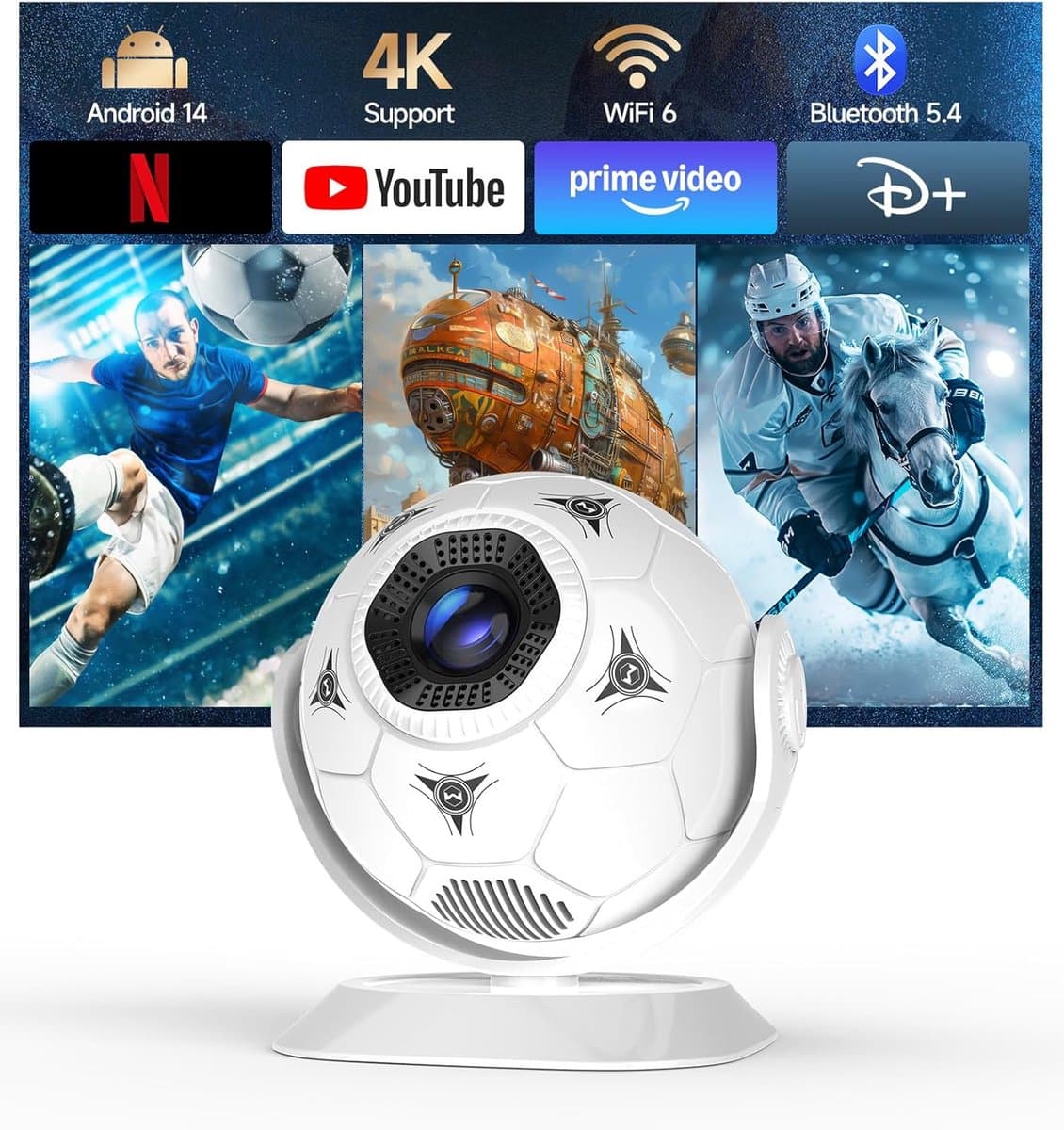 Mini Beamer - Projector - 4K Ondersteuning - Voetbal Design - Wifi 6 & Bluetooth 5.4 - Mini Beamer voor Mobiel - 360 Graden Draaibaar - Thuisbioscoop - Outdoor - Auto Keystone - Draagbare Projector - Short Throw - Wit/Zwart — afbeelding 1