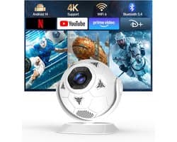 Mini Beamer - Projector - 4K Ondersteuning - Voetbal Design - Wifi 6 & Bluetooth 5.4 - Mini Beamer voor Mobiel - 360 Graden Draaibaar - Thuisbioscoop - Outdoor - Auto Keystone - Draagbare Projector - Short Throw - Wit/Zwart