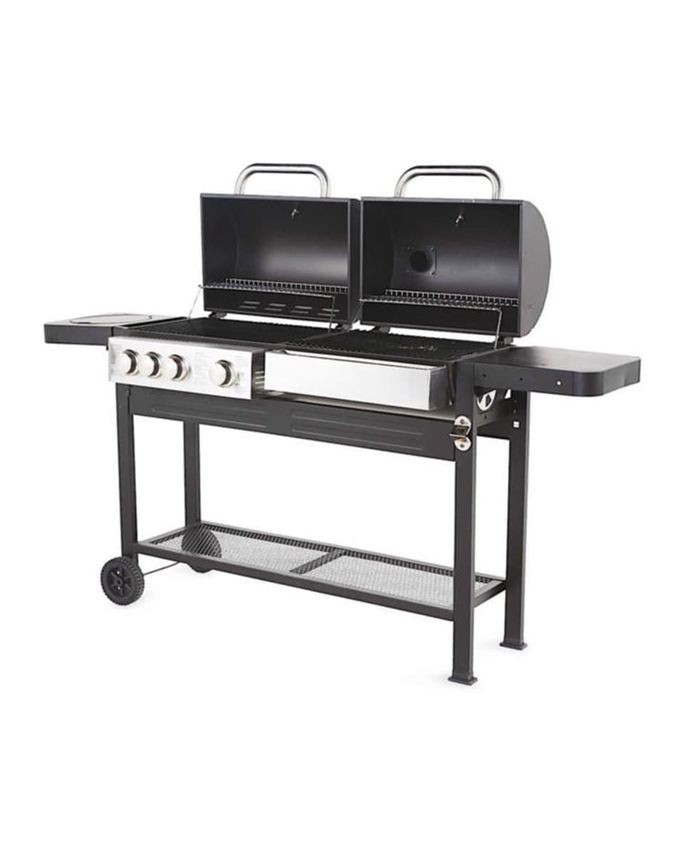 BBQ Master DUO Barbecue Houtskool én Gas! - Grilloppervlak (LxB) 105 x 74 cm - Warmhoudplaat - Kookplaat - Met Wielen - Zwart Design — afbeelding 1