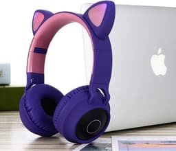 TDR- Draadloze Bluetooth koptelefoon - Over-Ear Koptelefoon voor Kinderen - Met Led Kat Oortjes - Bekend van TikTok - Paars — thumbnail 1