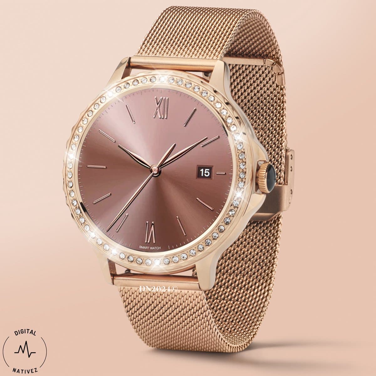 Digital Nativez dames smartwatch horloge rosegoud met echte zirkonia’s | incl. extra, makkelijk verstelbare, horlogeband | geschikt voor Iphone en Android | met o.a. NL menu| incl. luxe giftbox - kado — afbeelding 1
