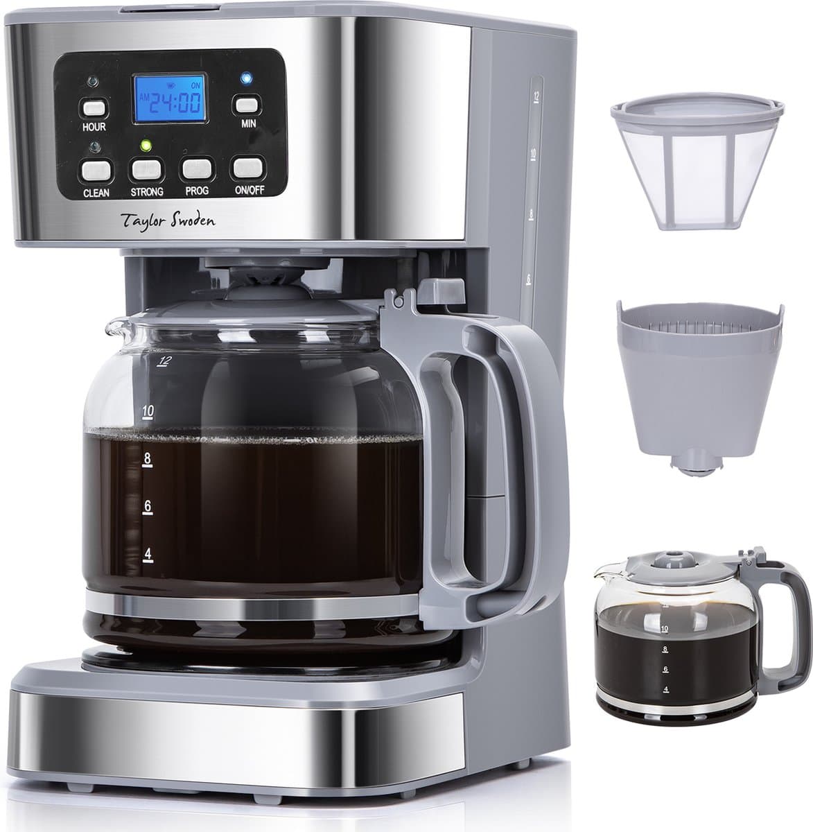 Taylor Swoden Pewter - Koffiezetapparaat - Filterkoffie - 1.5L/ 12 Kopjes - met Glazen Kan - Instelbare Koffie Sterkte - 950W - RVS — afbeelding 1