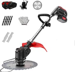 Accugrasmaaier - 2 x accu - Elektrische - Professionele - Grasmaaier - Rood - Verstelbare Snijder - Draadloze - Grasmaaier - Tuin - 100-135cm - Zaagblad - Maaiblad - Grastrimmer — thumbnail 1