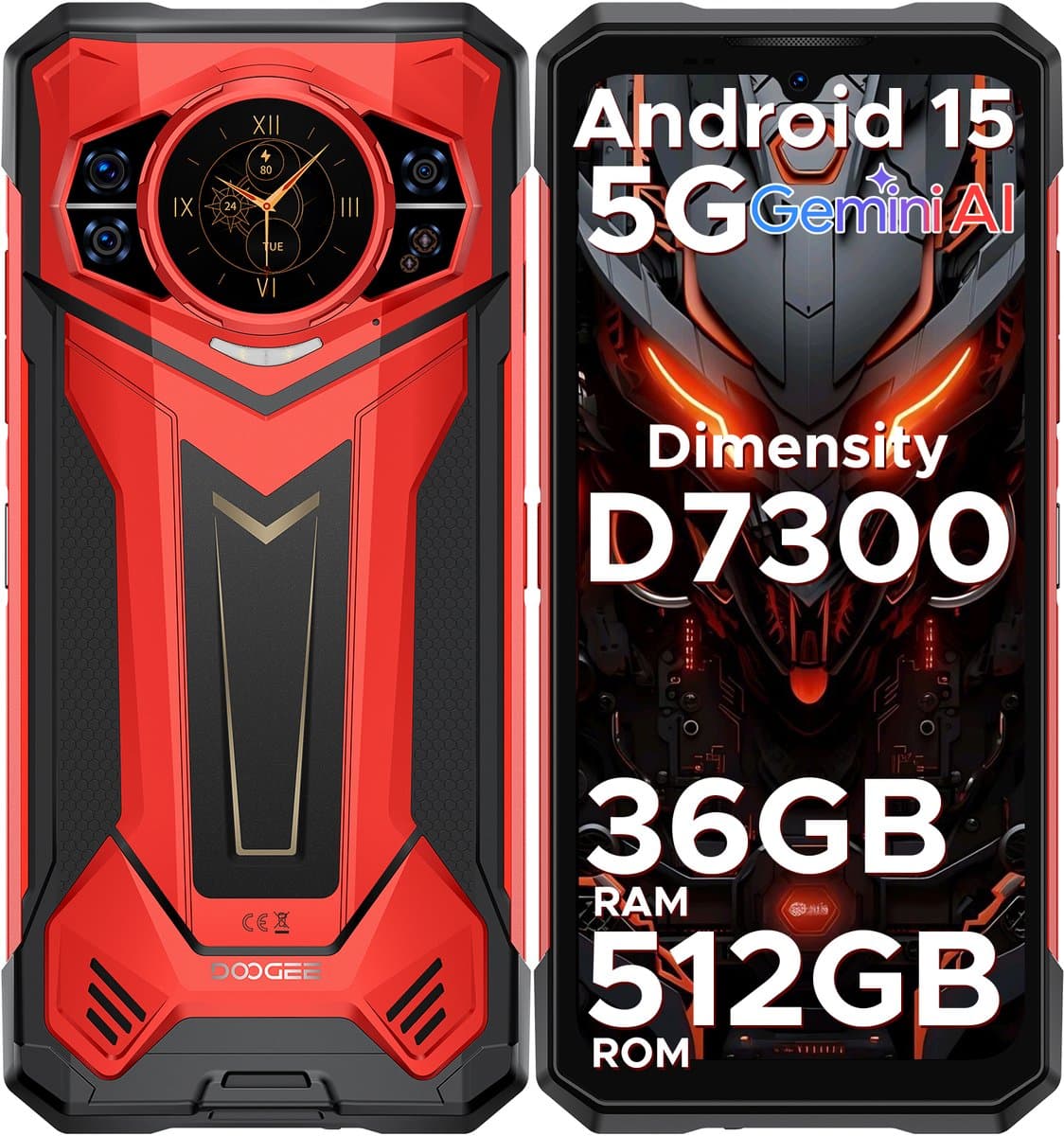 DOOGEE S200 PLUS 5G - Robuuste Smartphone - Robuuste Telefoon - 36 GB RAM + 512 GB ROM /2TB TF - Android 15 - 11100 mAh/33W - Dimensity 7300 - 6,72 inch + 120 Hz - Face ID - NFC - Bluetooth 5.4 -1.32" ronde AMOLED display - Rood — afbeelding 1