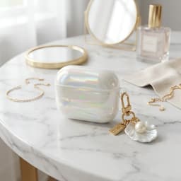 Transparant parelmoer hoesje voor oordopjes dames met schelp patroon en decoratieve hanger geschikt voor AirPods Pro 2 met iriserende afwerking en clip — thumbnail 2
