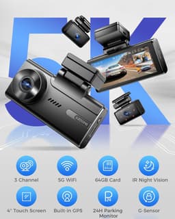 AZDome Dashcam M580 Pro 5K 3CH Wifi Auto Video Recorder 64gb + Interieur en Achter Camera Zwart — thumbnail 5