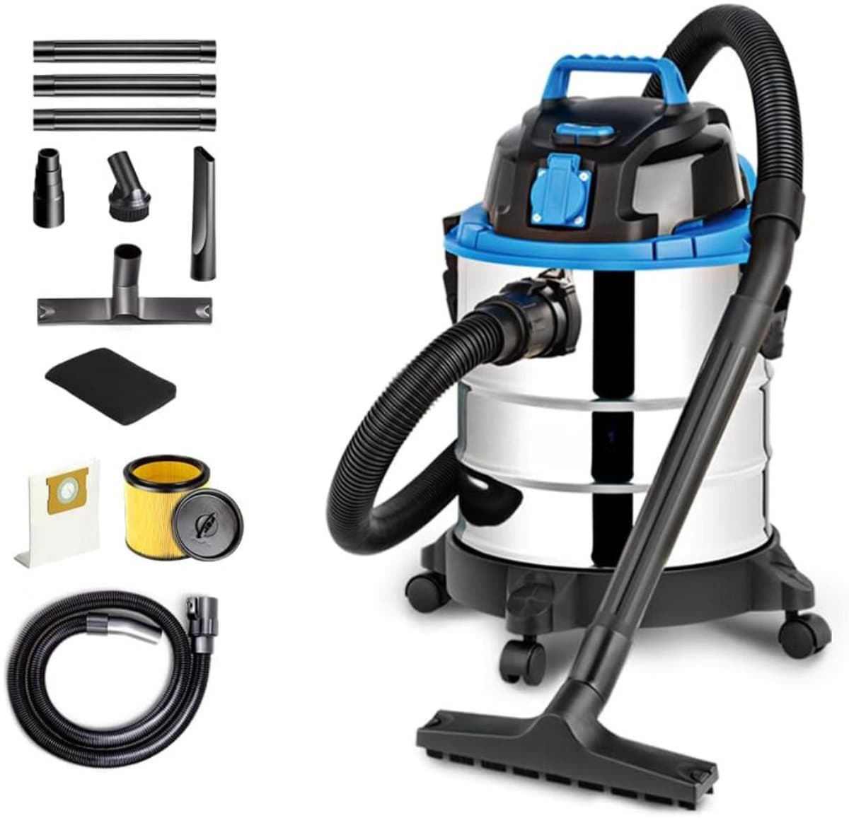 Quvo® Bouwstofzuiger Zonder Zak - Alleszuiger Met Accessoires - Waterzuiger Met 20 Liter Reservoir - Stofzuiger - Met Waterfilter En Blaasfunctie – 1200 Watt - Voor Binnen en Buitenreiniging - blauw-zwart - 35cm x 35cm x 51 cm — afbeelding 1