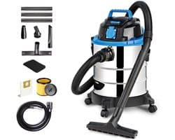 Quvo® Bouwstofzuiger Zonder Zak - Alleszuiger Met Accessoires - Waterzuiger Met 20 Liter Reservoir - Stofzuiger - Met Waterfilter En Blaasfunctie – 1200 Watt - Voor Binnen en Buitenreiniging - blauw-zwart - 35cm x 35cm x 51 cm