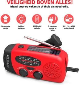 AFINTEK Noodradio Solar - 2000mAh Powerbank - LED Zaklamp - Opwindbaar via Handcrank & Zonne-energie - AM/FM - Voor Noodpakket & Camping - Rood — thumbnail 5