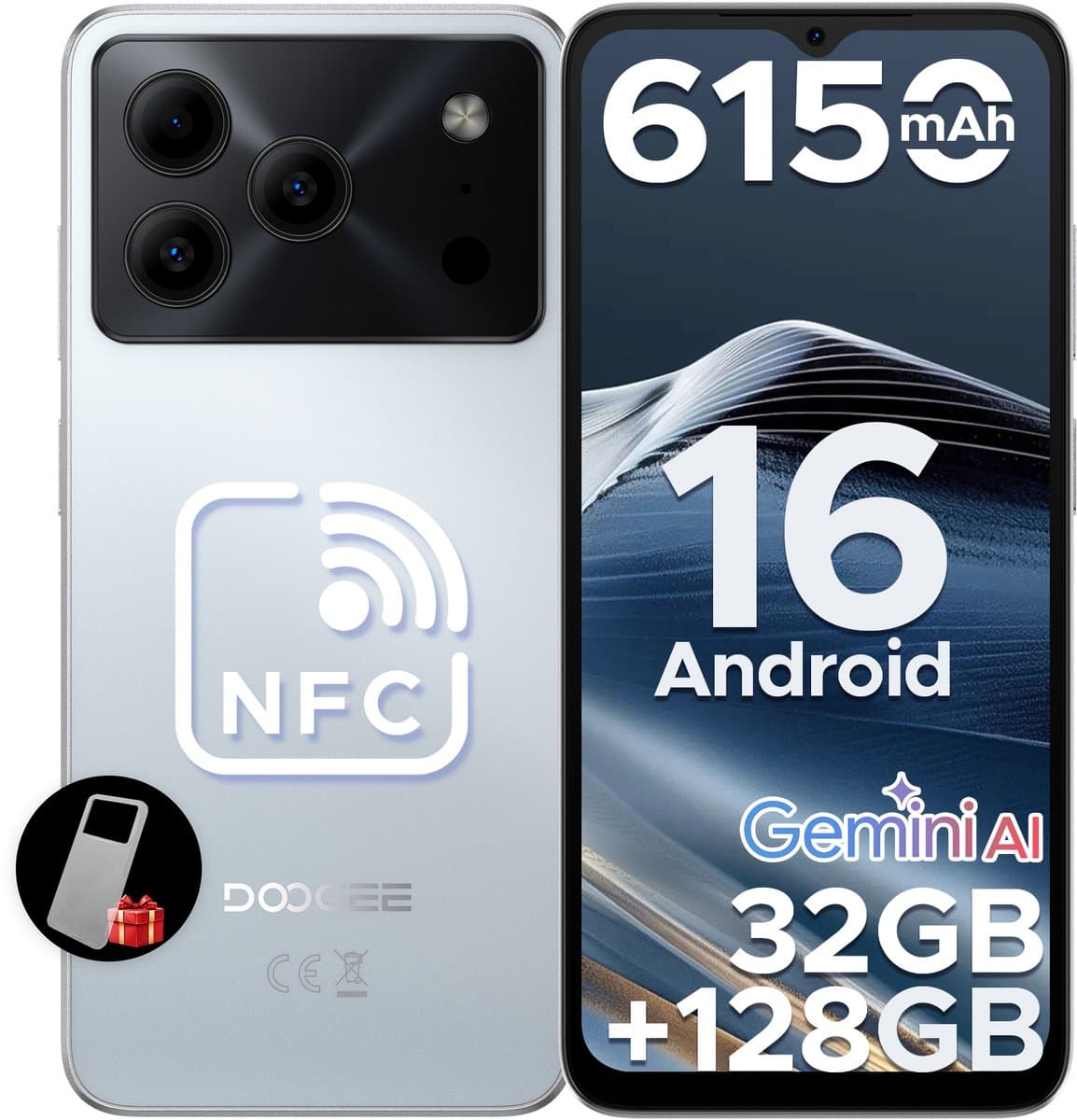 DOOGEE Note 56 Pro - Smartphone - 32GB RAM + 128GB ROM(2TB/TF) - Gemini AI - Android 16 - 6150mAh - 6,56 inch HD + 90Hz - 4G Dual SIM - Gemini AI - OTG - NFC - Face ID - GPS - Wit — afbeelding 1
