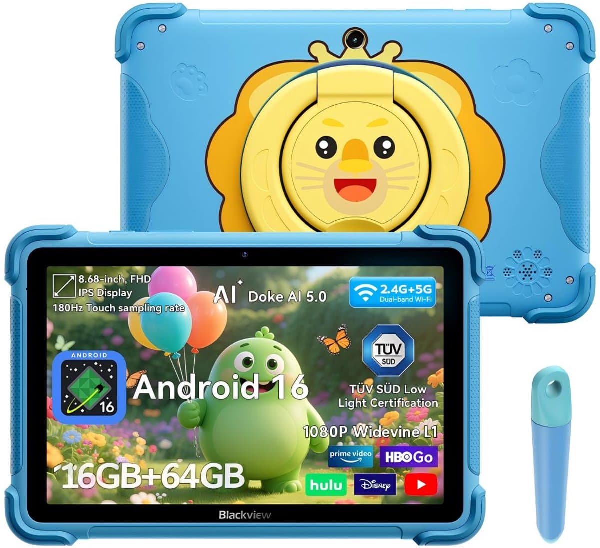 Blackview LINK 1 Kids - Tablet - 16GB RAM - 64GB ROM - 8.68 inch - 5000mAh - Android 16 - Met pen - Beschermhoes - Blauw — afbeelding 1