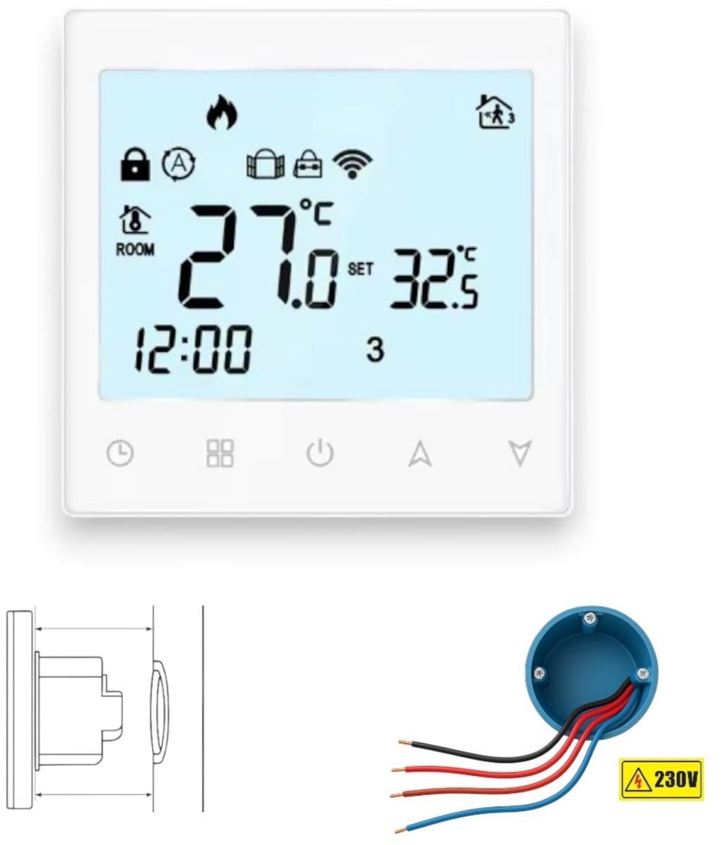 Thermostaat inbouw WiFi touchscreen wit | 4-draads 230V 3A | Programmeerbaar dag/week | Tuya Smart Life, Google Home, Alexa — afbeelding 1