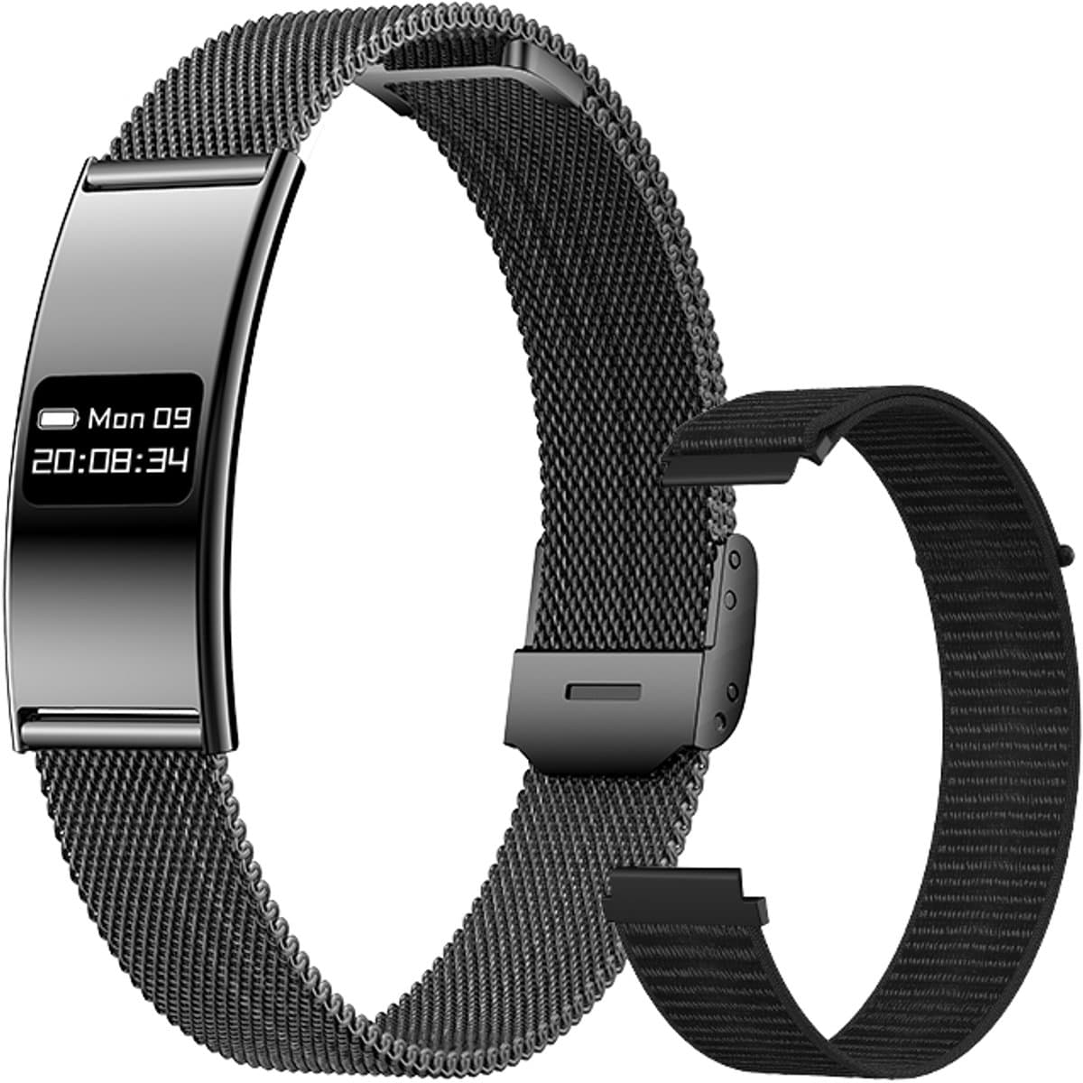 WizBay Premium Select® Smart Bracelet 2026 - Ultradun 2,8 mm - Hartslag en SpO2 - Slaapmonitor - 5ATM Waterdicht - Fitness Tracker - IPS Screen - Android en iOS - RVS Zwart en Gewoven Siliconen Band Zwart — afbeelding 1