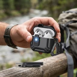 Zwart robuust hoesje voor oordopjes met carbon look geschikt voor AirPods 4 inclusief schoonmaakset en karabijnhaak – schokbestendig en duurzaam — thumbnail 4