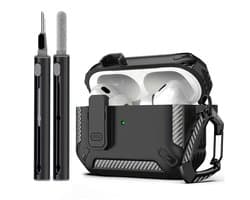 Zwart robuust hoesje voor oordopjes met carbon look geschikt voor AirPods Pro 3 inclusief schoonmaakset en karabijnhaak – schokbestendig en duurzaam