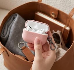 Luxe geribd hoesje voor oordopjes – Vertical Stripe design met sleutelhaak, geschikt voor AirPods Pro 3 (Roze) — thumbnail 4