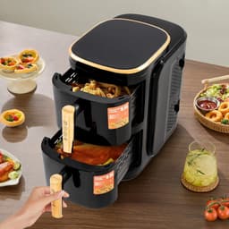 Dubbele Heteluchtfriteuse - Grote Airfryer - Gezinsmaaltijden - Dubbele Mand Technologie - 2x 6.34 QT - Zwart Goud — thumbnail 3