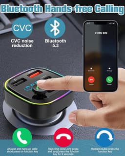 Bluetooth Transmitter - Bluetooth 5.3 FM-zender - Carkit - handsfree draadloze autoadapter - snel opladen - draadloze Bluetooth MP3-speler - handsfree bellen - USB-ondersteuning - 2 USB 5V/3A-poorten en 1 Type-C-poort — thumbnail 2