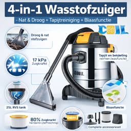 COIL Wasstofzuiger - Voor tapijten en meubelbekleding - 4-in-1 - 25L - Nat- en Droogzuiger + Wasfunctie + Blaasfunctie | Filterreinigingsfunctie I 19 kPa | 5L Detergenttank | HEPA-filter I Accessoires Set — thumbnail 5