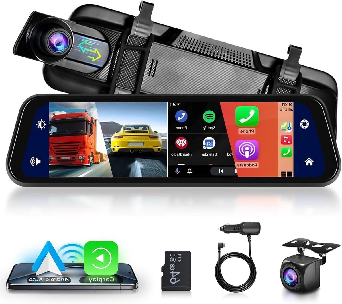 Dashcam – Achteruitkijkspiegel – Auto Camera – Recorder – Dashcam Voor Auto – 9,66 Inch IPS Touchscreen – Draadloze CarPlay & Android Auto – Waterdichte Achtercamera – Nachtzicht – Looprecording – Parkeermonitor — afbeelding 1