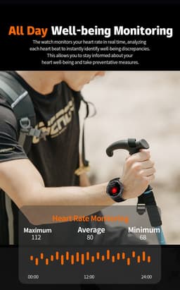 Knobbout 1.46” Scherm Sport Smartwatch met Extra Lange Batterijduur – 1000mAh - LED-zaklamp & kompas - AI Spraakassistent - Bluetooth Bellen - 100+ Sportmodi, IP68 Waterdicht -Bruin Silicone — thumbnail 5