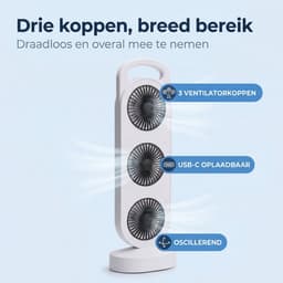 Lomera Torenventilator Oplaadbaar - Draadloze Kolomventilator USB - Tafelventilator 3 Koppen 3 Snelheden - Oscillerend Bureau Ventilator Draagbaar Stil - Wit — thumbnail 2
