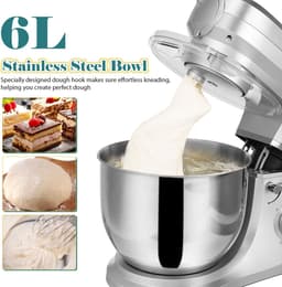 VIVOHOME 6-in-1 Keukenmachine - 6L, 660W, Zilver, met Vleesmolen & Pastamachine - Professionele Mixer voor Brood, Deeg & Taarten — thumbnail 3