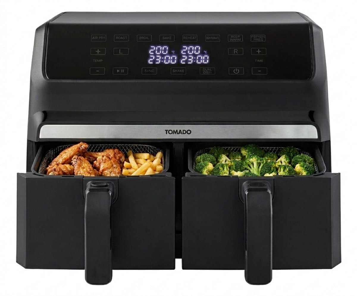Tomado TAF8001B - Dubbele airfryer - 2 x 4 liter inhoud - XXL - 1700 watt - Tiptoetsbediening - 8 automatische programma's - Zwart — afbeelding 1